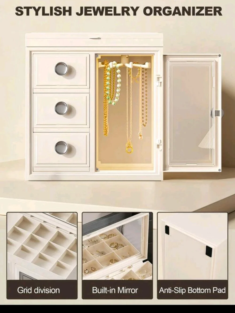 White Jewelry Organizer Cabinet with Drawers and Mirror